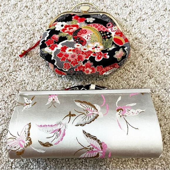 Japanese / Asian Inspired Wallet Butterflies Red Black Silver Coin Purse Set 2x - Picture 1 of 11